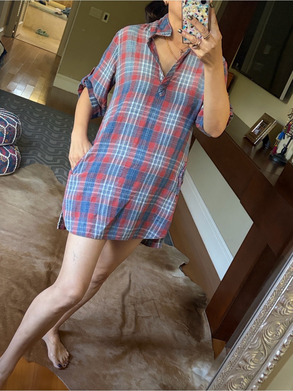 cloth & stone Plaid Mini Shirt Dress in Gray and Dusty Rose